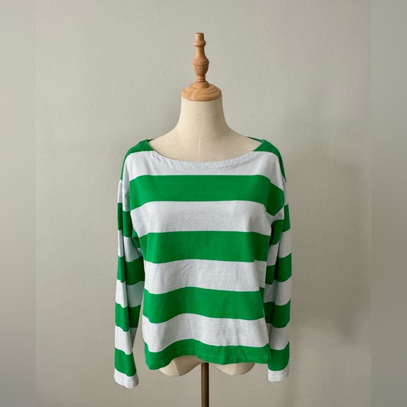 J. Crew Tops - J. Crew Green and White Striped Long Sleeve Boat Neck Shirt